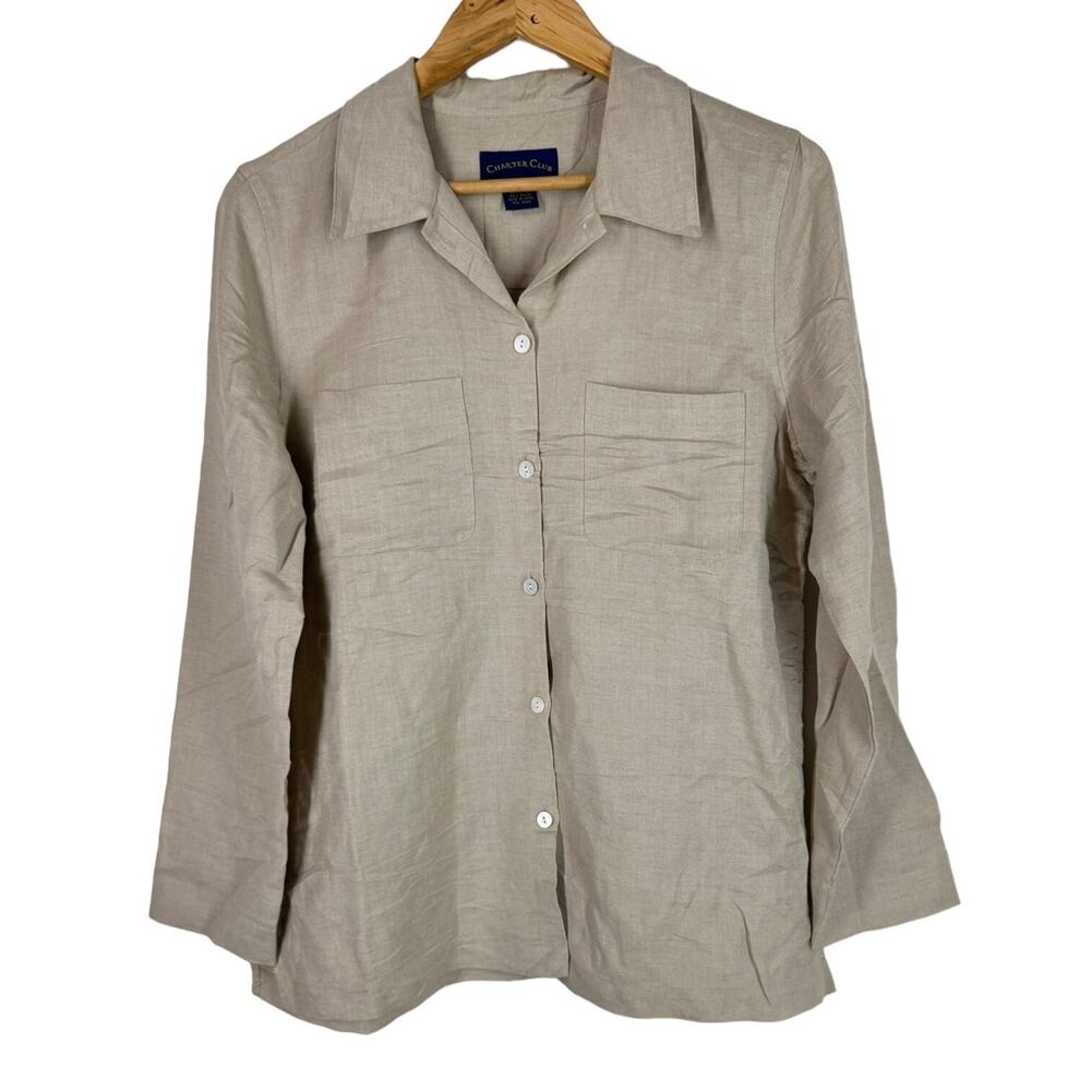 Charter Club Beige Tan Linen Blend Button Front Shirt Blouse Size 8